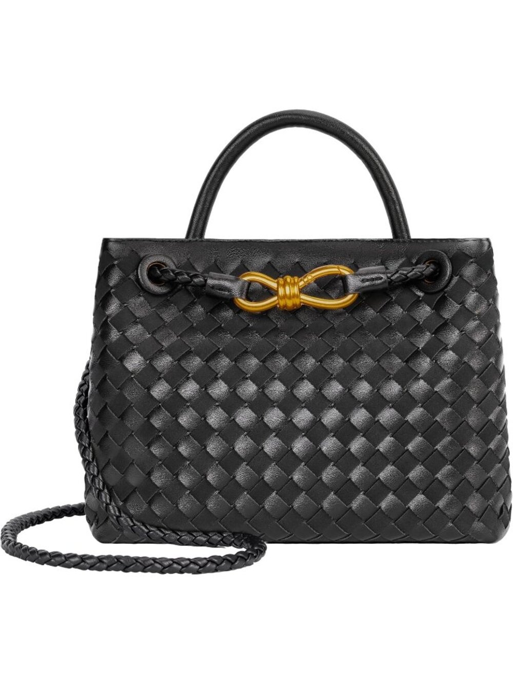 Women's k Black Woven Leather Tote Handle Designer Handbag Shoulder Bag